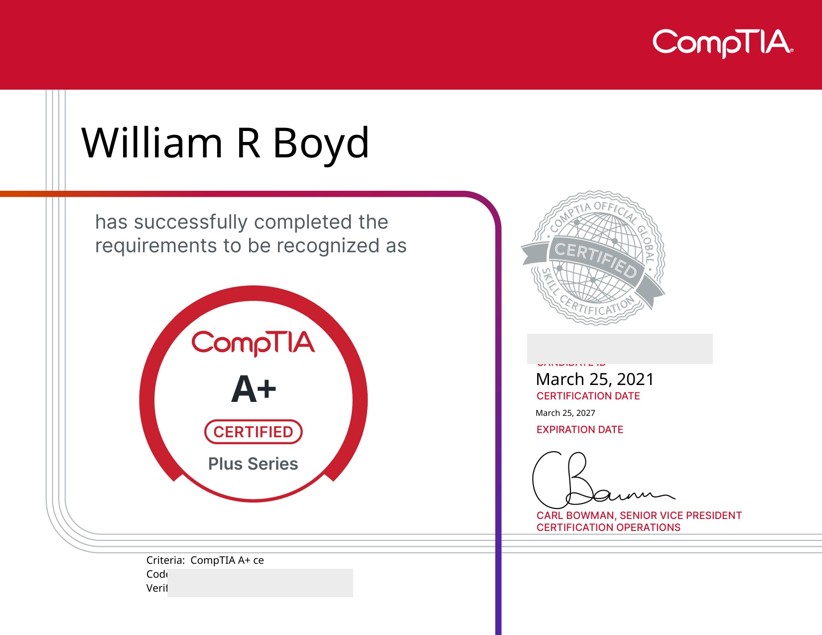 CompTIA A+ credential artifact (ID-redacted)